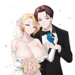  1boy 1girl amy_razor bird blonde_hair bluebird bouquet bow bowtie breasts bridal_veil bride brown_hair cherry_blossoms cleavage commander_(last_origin) couple dress elbow_gloves flower gloves grey_eyes grin hair_bun hetero highres huge_breasts husband_and_wife jewelry kbn317 last_origin looking_at_viewer necklace pearl_necklace purple_eyes simple_background smile tuxedo veil wedding_dress white_background white_gloves 