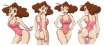  1girl ass black_eyes breasts brown_hair cleavage collage crayon_shin-chan cropped_legs english_commentary hands_on_hips highres leotard mature medium_breasts nohara_misae pink_leotard solo stealth_brock thigh_gap thong_leotard 
