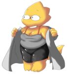  2018 alphys alpi anthro breasts cleavage clothed clothing coat eyewear female glasses lab_coat lizard reptile scalie simple_background solo spats tight_clothing topwear undertale video_games white_background yellow_body yellow_skin 