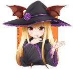  1girl :p black_dress black_headwear blonde_hair border closed_mouth commentary dated dress granblue_fantasy halloween halloween_costume hand_up hat head_wings head_wings_through_headwear highres klaius long_hair looking_at_viewer orange_background pointy_ears red_eyes smile solo tongue tongue_out twitter_username upper_body vampy white_border wide_sleeves witch_hat 