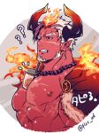  1boy abs bara bare_pecs beard bubble_tea bubble_tea_challenge chain colored_skin cropped_torso demon_boy demon_horns drink facial_hair fire flee_ad horns large_pectorals male_focus mature_male meme monster_boy muscular muscular_male nipples object_on_pectorals original pointy_ears red_skin short_hair sideburns solo stomach upper_body white_hair 