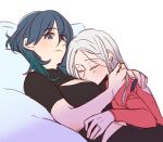  2girls bangs black_shirt blue_eyes blue_hair blush breasts byleth_(fire_emblem) byleth_(fire_emblem)_(female) closed_mouth collar commentary_request edelgard_von_hresvelg eyebrows_visible_through_hair eyes_visible_through_hair fire_emblem fire_emblem:_three_houses from_side hair_between_eyes hug jewelry long_hair long_sleeves lying lying_on_person multiple_girls on_back parted_bangs red_shirt ring riromomo shirt short_sleeves simple_background sleeping smile white_background white_hair yuri 