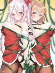  2girls artist_name azur_lane black_legwear black_panties blonde_hair blush bound bow breasts brown_eyes closed_mouth earrings eyebrows_visible_through_hair green_bow green_ribbon grey_eyes hair_bow highres jewelry large_breasts licking_lips long_hair looking_at_viewer medium_hair megumi_kei multicolored_hair multiple_girls panties pantyhose pantyhose_lift prinz_eugen_(azur_lane) red_bow ribbon roon_(azur_lane) santa_dress silver_hair simple_background standing thighs tied_up tongue tongue_out underwear 