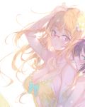  2girls :o bangs black_eyes black_hair blunt_bangs blush bow breasts chemise cleavage commentary_request eyebrows_visible_through_hair flower girls_und_panzer glasses green_bow hair_flower hair_ornament half-closed_eyes hand_on_own_head hug hug_from_behind large_breasts lingerie long_hair looking_at_viewer multiple_girls open_mouth orange_eyes orange_hair pulp_piroshi red-framed_eyewear reizei_mako takebe_saori underwear white_background wind yuri 