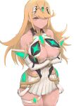  1girl arms_under_breasts arqa bare_shoulders blonde_hair blush breasts cleavage cleavage_cutout closed_mouth clothing_cutout cowboy_shot crossed_arms dress elbow_gloves faulds gloves hair_over_one_eye large_breasts long_hair looking_back mythra_(xenoblade) neon_trim pleated_dress sleeveless sleeveless_dress solo thigh_strap tiara white_dress white_gloves xenoblade_chronicles_(series) xenoblade_chronicles_2 yellow_eyes 