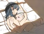  2girls bangs bare_shoulders bed_sheet blanket blush breasts byleth_(fire_emblem) byleth_(fire_emblem)_(female) closed_mouth commentary_request couple dark_blue_hair edelgard_von_hresvelg eyebrows_visible_through_hair fire_emblem fire_emblem:_three_houses from_above from_side hand_on_another&#039;s_head hug indoors light long_hair looking_at_another lying multiple_girls nude on_side pillow riromomo shadow smile white_hair yuri 