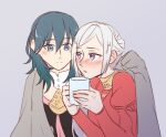  2girls bangs blanket blue_eyes blue_hair blush breasts buttons byleth_(fire_emblem) byleth_(fire_emblem)_(female) clenched_hand collar commentary_request couple cup dress edelgard_von_hresvelg eyebrows_visible_through_hair fire_emblem fire_emblem:_three_houses grey_background hair_between_eyes holding holding_cup long_hair long_sleeves looking_at_another multiple_girls nose_blush parted_lips puffy_long_sleeves puffy_sleeves purple_eyes red_dress riromomo simple_background smile upper_body white_hair yuri 