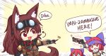  +_+ 2girls ^^^ alternate_costume animal_ear_fluff animal_ears apex_legends arm_up arrow_(symbol) bow brown_gloves brown_hair disembodied_head emphasis_lines english_commentary english_text gloves goggles goggles_on_head gun hair_between_eyes hair_bow headband headset imaizumi_kagerou long_hair looking_at_another multiple_girls pointing red_eyes red_hair respirator sekibanki short_hair simple_background tactical_clothes tail touhou weapon wolf_ears wolf_tail wool_(miwol) yellow_background 