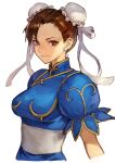  1girl bracelet breasts brown_eyes brown_hair bun_cover china_dress chinese_clothes chun-li closed_mouth double_bun dress earrings jewelry large_breasts looking_at_viewer pantyhose puffy_short_sleeves puffy_sleeves sash shade shaded_face short_hair short_sleeves simple_background slender_waist smile solo spiked_bracelet spikes street_fighter tied_hair uncle_rabbit_ii white_background white_sash 