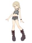  1girl bare_arms bare_shoulders belt belt_buckle black_belt black_collar black_footwear black_shorts black_tank_top blush boots brown_eyes brown_hair buckle chain closed_mouth collar cosplay cosplay_request full_body fur-trimmed_shorts fur_trim idolmaster idolmaster_cinderella_girls looking_away midriff morikubo_nono navel ringlets short_shorts shorts simple_background solo tank_top uccow watch white_background wristwatch 