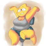  2019 alphys alpi anthro bottomwear breasts chubby_female cleavage clothed clothing eyes_closed lizard reptile scales scalie shirt shorts sitting stretching swivel_chair tank_top topwear undertale video_games yellow_body yellow_scales 