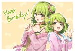  1girl collarbone commentary_request double_bun dual_persona green_eyes green_hair hair_ornament hair_scrunchie hairclip highres jacket kakutasu looking_at_viewer medium_hair morinaka_kazaki nijisanji open_mouth pink_jacket scrunchie v 