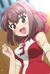  1girl :d bangs brown_eyes brown_hair clenched_hand commentary elbow_pads eyebrows_visible_through_hair girls_und_panzer headband kanau kondou_taeko looking_at_viewer medium_hair open_mouth red_headband red_shirt shirt sleeveless sleeveless_shirt smile solo sportswear upper_body volleyball_uniform 