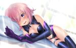  1girl bed_sheet black_gloves black_legwear black_leotard blush breasts cleavage cleavage_cutout clothing_cutout elbow_gloves eyebrows_visible_through_hair fate/grand_order fate_(series) gloves hair_over_one_eye highres leotard looking_at_viewer lying mash_kyrielight medium_breasts medium_hair nyanmaru on_side open_mouth pillow pink_hair purple_eyes purple_gloves shiny shiny_clothes shiny_hair shiny_legwear solo stomach_cutout thigh_strap thighhighs two-tone_gloves 