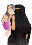  1girl black_dress bracelet breasts brown_hair come_hither dress hand_on_hip highres jewelry large_breasts long_hair looking_at_viewer multiple_views niqab original pants purple_shirt ring shirt signature smile white_pants zephyr_aile 