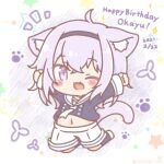  1girl ;3 ;d \o/ ahoge animal_ear_fluff animal_ears arms_up artist_name bangs birthday black_hairband blush_stickers cat_day cat_ears cat_girl cat_tail character_name chibi commentary_request crop_top crossed_bangs dated eyebrows_visible_through_hair fang full_body hairband happy_birthday highres hololive legs_up long_sleeves looking_at_viewer medium_hair midriff mitarashi_neko navel necktie nekomata_okayu one_eye_closed open_mouth outstretched_arms paw_print purple_eyes purple_hair sailor_collar shorts smile solo star_(symbol) tail virtual_youtuber white_neckwear white_shorts 