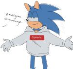  2019 anthro biped blue_body blue_fur clothing digital_media_(artwork) english_text eulipotyphlan fur gloves green_eyes grey_clothing grey_hoodie grey_topwear half-closed_eyes handwear hedgehog hi_res hoodie humor male mammal narrowed_eyes simple_background smile solo sonic_the_hedgehog sonic_the_hedgehog_(series) standing starrynightmix supreme text text_on_clothing text_on_hoodie text_on_topwear topwear white_background white_clothing white_gloves 