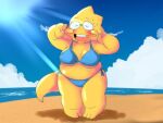  2019 4:3 alphys alpi anthro beach belly bikini blush bodily_fluids chubby_female clothing double_v_sign eyes_closed gesture light reptile scales scalie seaside short_stack sunlight sweat swimwear undertale v_sign video_games yellow_body yellow_scales 