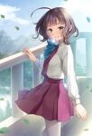  1girl ahoge bangs blue_neckwear blunt_bangs blush bow bowtie brown_hair cloud day dress grey_legwear grin imachireki kantai_collection kishinami_(kancolle) leaf long_sleeves looking_at_viewer outdoors pantyhose purple_dress railing shirt sky smile solo twitter_username white_shirt yellow_eyes 