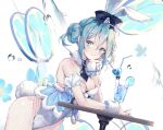  1girl animal_ears aqua_hair bangs bare_shoulders bicute_bunnies_miku blue_eyes blush bow breasts bunny_ears bunny_tail cleavage closed_mouth commentary cup double_bun drinking_glass drinking_straw ear_ribbon elbow_rest eyebrows_visible_through_hair fake_animal_ears fake_tail fishnet_legwear fishnets food fruit fur_collar hatsune_miku head_rest heart lemon lemon_slice leotard lips looking_at_viewer medium_breasts necktie shared_straw shiny shiny_hair shiny_skin simple_background smile solo strapless table tail tena thighs tied_ears tied_hair vocaloid wrist_cuffs 