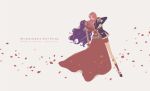  2girls bangs copyright_name dress faceless flat_color highres himemiya_anthy holding holding_sword holding_weapon long_hair long_sleeves multiple_girls petals pink_hair profile purple_hair red_dress red_shorts shoes shorts shoujo_kakumei_utena sword tenjou_utena weapon wide_shot yomoya_oc10 