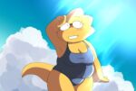  2019 alphys alpi anthro breasts chubby_female cleavage clothed clothing eyewear glasses light lizard one-piece_swimsuit reptile scalie sunlight swimwear undertale video_games yellow_body yellow_skin 