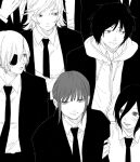  1girl 4girls ajo_cnsw black_eyepatch black_hair black_neckwear black_suit braid braided_ponytail business_suit chainsaw_man formal hair_between_eyes holding_another&#039;s_arm jacket jacket_on_shoulders jacket_removed light_smile looking_to_the_side makima_(chainsaw_man) monochrome multiple_girls necktie open_mouth quanxi_(chainsaw_man) reze_(chainsaw_man) ringed_eyes shirt smile suit white_shirt yuri 