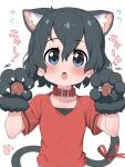  1girl alternate_costume animal_ears black_hair blue_eyes blush bow cat_ears cat_girl cat_tail claw_pose collar commentary_request extra_ears eyebrows_visible_through_hair flying_sweatdrops gloves highres kaban_(kemono_friends) kemono_friends kemonomimi_mode no_hat no_headwear paw_gloves paws ransusan red_bow red_collar red_shirt shirt short_hair short_sleeves solo t-shirt tail tail_bow tail_ornament translation_request upper_body 