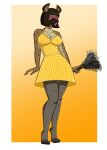 anthro brown_body brown_fur choker cleaning_tool clothing dress faust1173 feather_duster female fur hi_res hyaenid jewelry legwear lipstick makeup mammal necklace pantyhose pink_eyes polka_dots simple_background solo spiral_eyes spotted_hyena stepfordization tiptoes 