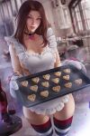  1girl apron blurry blurry_background bottle breasts brown_hair choker collarbone cookie cup drinking_glass dutch_angle final_fantasy final_fantasy_xiv food forehead frilled_apron frills heart heart_choker horizontal_stripes hyur lips long_hair medium_breasts naked_apron olchas oven_mitts petals purple_eyes sideboob signature smile solo striped striped_legwear thighhighs valentine wine_bottle wine_glass 
