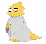  2020 alphys alpi anthro chubby_female clothing coat disgust eyewear glasses lab_coat lizard reaction_image reptile scalie simple_background topwear undertale video_games white_background yellow_body 