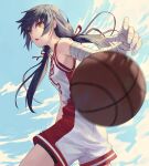  1girl 7aehyun ball bandaged_arm bandages basketball basketball_uniform bike_shorts black_hair blue_sky breasts brown_eyes cloud day duplicate from_side hair_ribbon highres kanbaru_suruga long_hair looking_to_the_side low_twintails monogatari_(series) open_mouth red_ribbon ribbon shorts sky solo sportswear standing tomboy twintails 