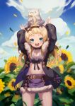  1girl :d animal animal_on_head arms_up bangs black_bow black_jacket blonde_hair blue_eyes blush bow breasts cloud day field flower flower_field fur-trimmed_jacket fur-trimmed_skirt fur_trim hair_bow hairband highres jacket long_hair long_sleeves looking_at_viewer midriff navel on_head open_clothes open_mouth original outdoors petals pom_pom_(clothes) purple_skirt skirt sky small_breasts smile solo sooon standing sunflower yellow_flower 