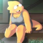  1:1 2020 alphys alpi anthro breasts chubby_female cleavage clothed clothing eyewear glasses lizard relaxing reptile scalie sitting undertale video_games yellow_body 