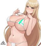  1girl bangs bare_shoulders bikini blonde_hair breasts closed_mouth commentary donburikazoku groin hands_up highres lifted_by_self long_hair looking_to_the_side micro_bikini mythra_(xenoblade) navel raised_eyebrow simple_background skindentation solo string_bikini swept_bangs swimsuit underboob white_background white_bikini xenoblade_chronicles_(series) xenoblade_chronicles_2 yellow_eyes 