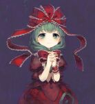  1girl aqua_eyes bangs bow closed_mouth cowboy_shot dark_background dot_nose dress fingernails frilled_bow frilled_ribbon frills front_ponytail green_hair hair_bow hair_ribbon hands_clasped hands_up kagiyama_hina long_hair looking_at_viewer own_hands_together puffy_short_sleeves puffy_sleeves red_bow red_dress red_ribbon ribbon sasasasa short_sleeves simple_background smile solo tareme touhou wrist_ribbon 