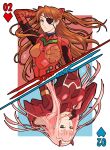  2girls apoloniodraws armor arms_behind_head blue_eyes bodysuit brown_hair card darling_in_the_franxx eyepatch finger_to_mouth green_eyes highres horns looking_at_viewer multiple_girls neon_genesis_evangelion pilot_suit pink_hair playing_card plugsuit rebuild_of_evangelion shikinami_asuka_langley souryuu_asuka_langley upside-down zero_two_(darling_in_the_franxx) 