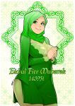 1girl artist_name breast_lift breasts dress green_dress green_eyes green_nails hands_on_own_chest hands_together highres hijab looking_at_viewer nail_polish original signature simple_background smile standing thick_thighs thighs zephyr_aile 