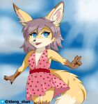  anthro big_ears bottomwear breasts canid canine cleavage clothed clothing clothing_lift female fennec flat_chested food fox fruit hair light mammal plant short short_hair skirt skirt_lift solo solo_focus strawberry sunlight xiongshan 