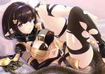  1girl absurdres arknights bandeau bangs barefoot bed between_breasts black_hair blue_eyes breasts cleavage covered_nipples dress eunectes_(arknights) feet fingerless_gloves fishnets gloves goggles goggles_removed headband headhunting_permit_(arknights) highres hime_cut legs_up linjinghai looking_at_viewer lying medium_breasts microdress mole mole_under_eye on_back on_bed pointy_ears see-through short_hair skindentation snake_tail solo tail thigh_strap thighhighs thighs toes torn_clothes torn_legwear yellow_dress 