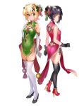  2girls akatsuki_kirika alternate_costume back_cutout black_footwear black_gloves black_hair black_legwear black_ribbon blonde_hair blush bow breasts bun_cover butt_crack cleavage cleavage_cutout closed_mouth clothing_cutout double_bun dress elbow_gloves full_body gloves green_bow green_dress green_eyes hair_bow hair_intakes heart_cutout high_heels highres looking_at_viewer medium_breasts multiple_girls nyanmaru panties pink_eyes pumps red_bow red_dress red_footwear ribbon senki_zesshou_symphogear shiny shiny_hair short_dress short_hair side-tie_panties side_slit simple_background sleeveless sleeveless_dress standing thighhighs tied_hair tsukuyomi_shirabe underwear white_background white_gloves white_legwear white_ribbon 