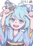  1girl 2021 :d absurdres alternate_costume bangs blue_eyes blue_hair blue_kimono cirno eyebrows_behind_hair floral_print hair_ornament hexagon highres japanese_clothes kame_(kamepan44231) kimono long_sleeves looking_at_viewer new_year open_mouth pointing pointing_up sash short_hair simple_background smile solo touhou upper_body white_background wide_sleeves 