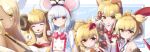  6+girls :d absurdres ahoge andira_(granblue_fantasy) anila_(granblue_fantasy) animal_ears blonde_hair bob_cut bow bowtie breasts cleavage closed_mouth curled_up dark_skin dark_skinned_female dot_nose double-breasted eyes_visible_through_hair facing_viewer flat_chest granblue_fantasy grey_hair hair_bow hair_flaps hair_ornament hairband hairclip hat_feather highres klaius kuvira_(granblue_fantasy) large_breasts long_hair long_sleeves looking_at_viewer mahira_(granblue_fantasy) medium_hair monkey_ears mouse_ears multiple_girls navel one_eye_closed open_mouth parted_lips red_bow red_eyes red_hairband shawl shirt smile tassel twelve_heavenly_generals vajra_(granblue_fantasy) vikala_(granblue_fantasy) white_shirt yellow_eyes 