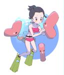  1girl bag bare_arms black_hair blush brown_eyes collarbone commentary_request dawawa eyelashes flippers gen_3_pokemon hair_ornament luvdisc o3o petite pink_swimsuit pokemon pokemon_(creature) short_hair swimsuit transparent_bag underwater v-shaped_eyebrows water_surface 