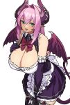  1girl apron bangs bare_shoulders breasts cleavage demon_girl demon_horns demon_tail demon_wings dress elbow_gloves gloves green_eyes hair_intakes highres horns houtengeki large_breasts long_hair looking_at_viewer open_mouth original pink_hair pointy_ears purple_dress purple_gloves smile tail thighhighs thighs waist_apron wings 