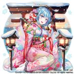  1girl :d angel angel_wings bangs blue_eyes blue_hair blush breasts character_request company_name eyebrows_visible_through_hair fantasy floral_print flower full_body hair_ornament hakuda_tofu halo hands_up highres japanese_clothes kimono lantern long_sleeves looking_at_viewer monster_collect new_year obi official_art open_mouth pinching_sleeves sandals sash short_hair sitting smile snow socks solo tabi torii watermark white_legwear wide_sleeves wings yokozuwari 