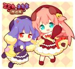  2girls :d aikei_ake animal_ears argyle argyle_background arm_up bag bangs bell beret black_legwear blonde_hair blue_hair blush bow chibi commentary_request dress eyebrows_visible_through_hair green_eyes hair_bell hair_between_eyes hair_ornament hat jingle_bell loafers long_hair long_sleeves looking_at_viewer multicolored_hair multiple_girls open_mouth original pantyhose pink_hair puffy_long_sleeves puffy_sleeves purple_dress purple_footwear purple_headwear red_bow red_dress red_eyes red_footwear red_headwear shoes shoulder_bag sleeves_past_wrists smile star_(symbol) translation_request two-tone_hair two_side_up very_long_hair 
