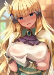  1girl :d ascot bangs blonde_hair blue_eyes blunt_bangs blush bow breast_hold breasts cape commentary_request corset covered_nipples elf gloves grey_bow hair_bow hair_ornament highres large_breasts long_hair looking_at_viewer nicoby open_mouth pointy_ears princess_connect! princess_connect!_re:dive purple_neckwear saren_(princess_connect!) see-through smile solo underbust upper_body very_long_hair white_cape white_gloves 