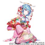  1girl :d angel angel_wings bangs blue_eyes blue_hair blush breasts character_request company_name eyebrows_visible_through_hair fantasy floral_print flower full_body hair_ornament hakuda_tofu halo hands_on_lap hands_together highres japanese_clothes kimono long_sleeves looking_at_viewer monster_collect new_year obi official_art open_mouth sandals sash short_hair sitting smile snow socks solo tabi watermark white_legwear wide_sleeves wings yokozuwari 