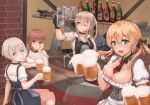  4girls alcohol alternate_costume anchor_hair_ornament apron beer beer_mug black_apron black_gloves blonde_hair blouse blue_eyes bodice breasts brown_eyes brown_hair cleavage counter cup dirndl dress dress_shirt german_clothes gloves graf_zeppelin_(kancolle) green_eyes grey_eyes hair_between_eyes hair_ornament hat hat_removed headwear_removed highres iron_cross k_jie kantai_collection large_breasts long_hair looking_at_viewer military_hat mug multiple_girls necktie official_alternate_costume peaked_cap pinafore_dress prinz_eugen_(kancolle) puffy_short_sleeves puffy_sleeves shirt short_hair short_sleeves sidelocks silver_hair skirt symbol_commentary twintails waist_apron waitress z1_leberecht_maass_(kancolle) z3_max_schultz_(kancolle) 